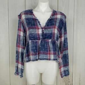 Gianni Bini Boho Blue Plaid Cotton Flannel Crop